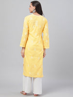 Thumbnail for ADA Women Yellow & White Chikankari Hand-Embroidered Straight Kurta - Distacart