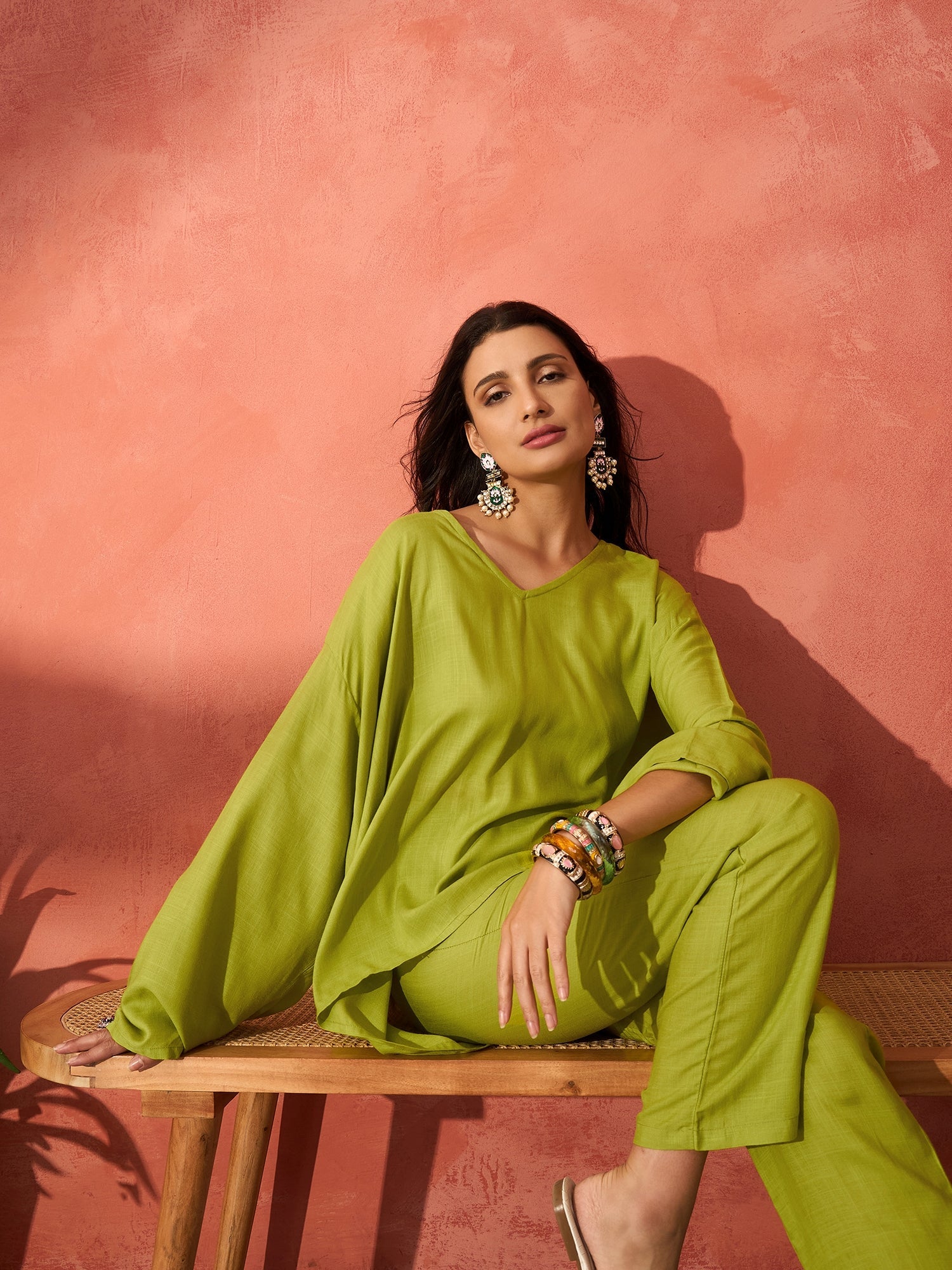 InWeave Pear Green Solid Boho Full Sleeve Co Ord Set - Distacart