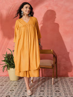 Thumbnail for InWeave Mustard Lurex Flared V Neck Kurta Palazzo Set - Distacart
