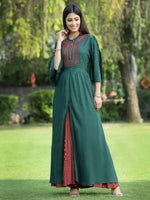 Thumbnail for Juniper Jade Green Ethnic Motif Printed Rayon High-Slit Kurta & Palazzo Set With Thread Work Embroidery - Distacart