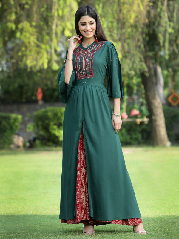 Juniper Jade Green Ethnic Motif Printed Rayon High-Slit Kurta & Palazzo Set With Thread Work Embroidery - Distacart