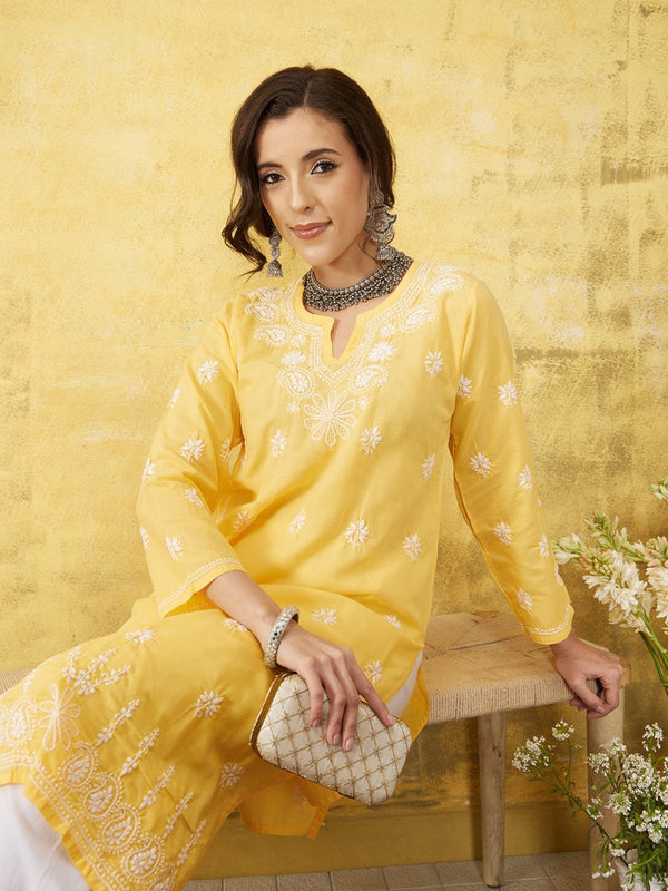 ADA Women Yellow & White Chikankari Embroidered Straight Sustainable Handloom Kurta - Distacart