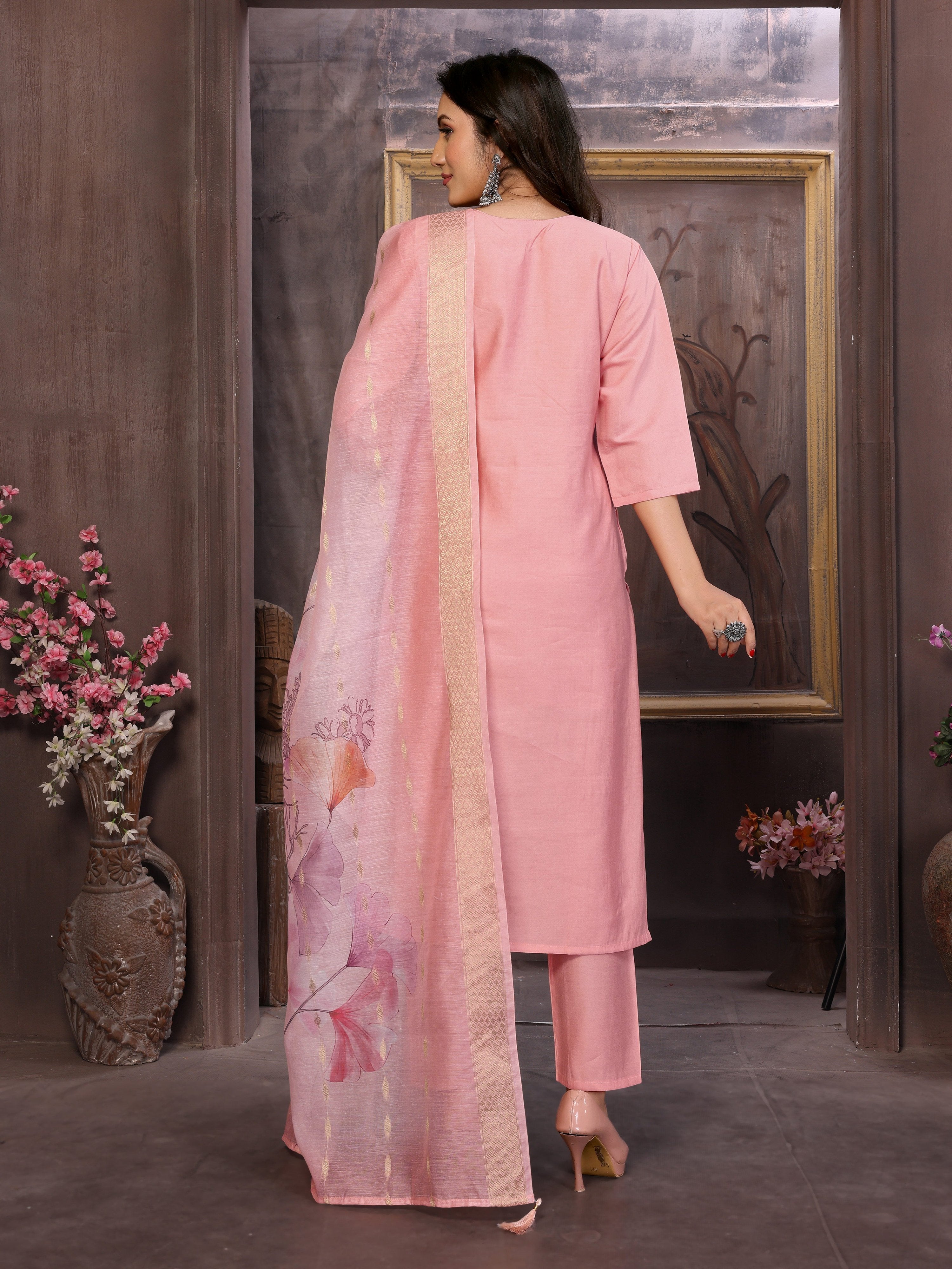 Vedant Vastram Kurta Pant set with Dupatta having Beautiful Hand work (Khatli Work) - Peach - Distacart