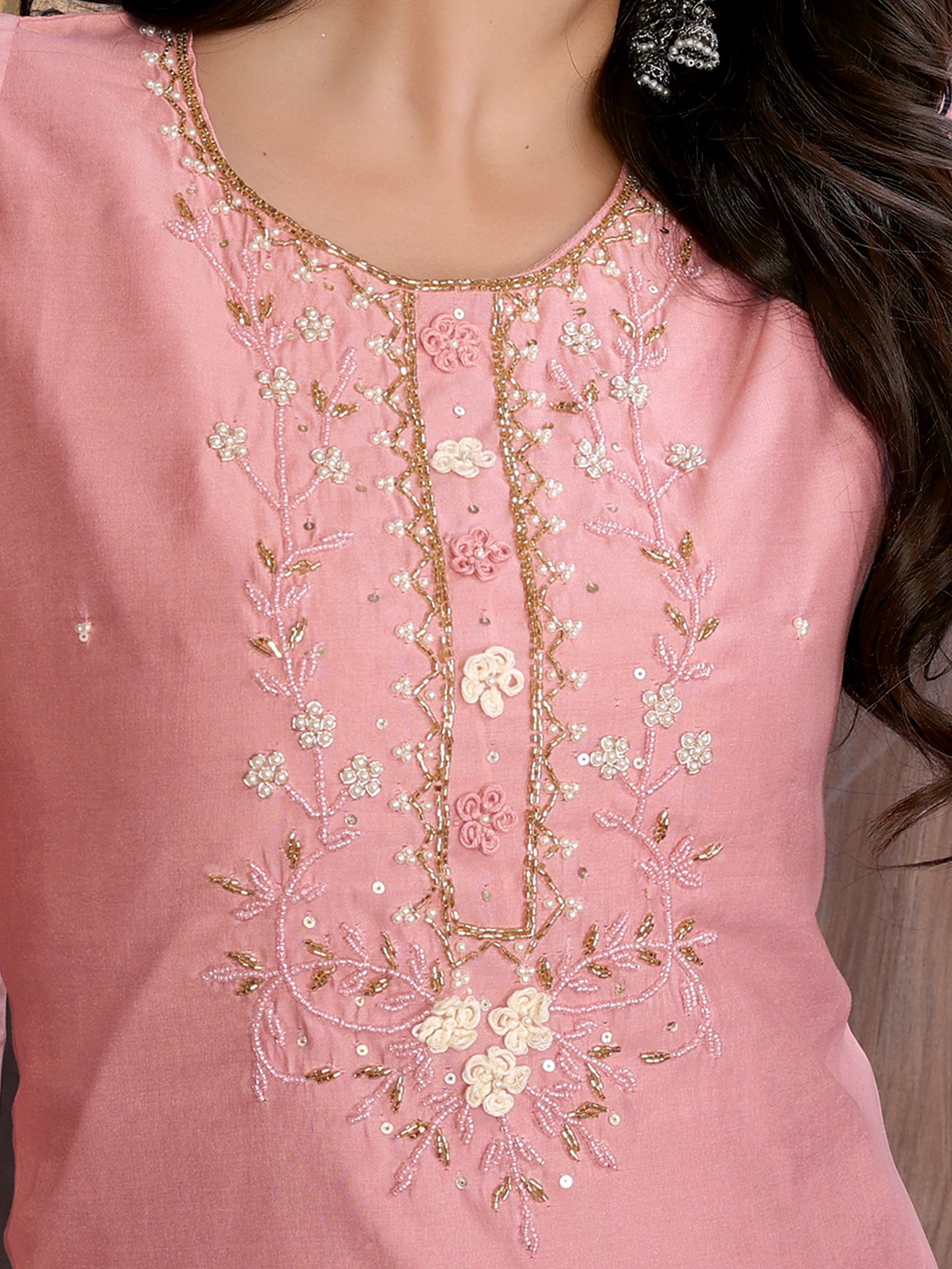 Vedant Vastram Kurta Pant set with Dupatta having Beautiful Hand work (Khatli Work) - Peach - Distacart