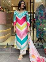 Thumbnail for Kalini Chevron Printed Beads & Stones Regular Kurta With Trousers & Dupatta - Distacart
