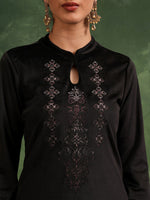 Thumbnail for Vishudh Black Ethnic Motifs Yoke Design Embroidered Keyhole Neck Straight Kurta - Distacart