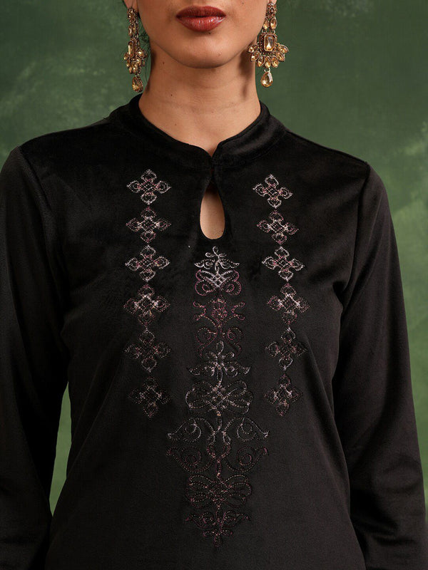 Vishudh Black Ethnic Motifs Yoke Design Embroidered Keyhole Neck Straight Kurta - Distacart