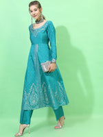 Thumbnail for Vishudh Women Teal High Slit Kurti with Trousers - Distacart