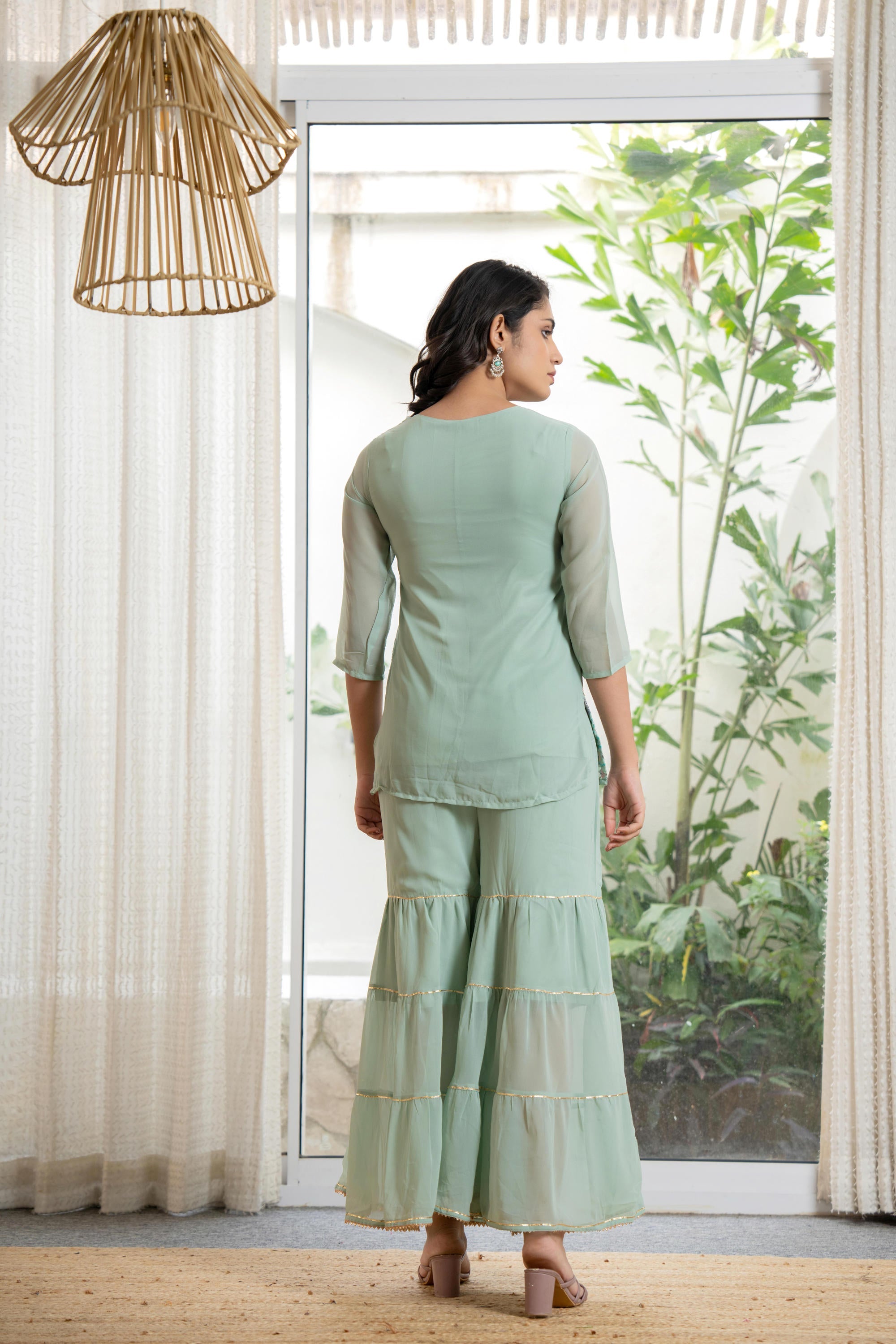 Juniper Women's Green Thread Embroidered Georgette Tunic Sharara & Dupatta Set With Sequins & Lace - Distacart