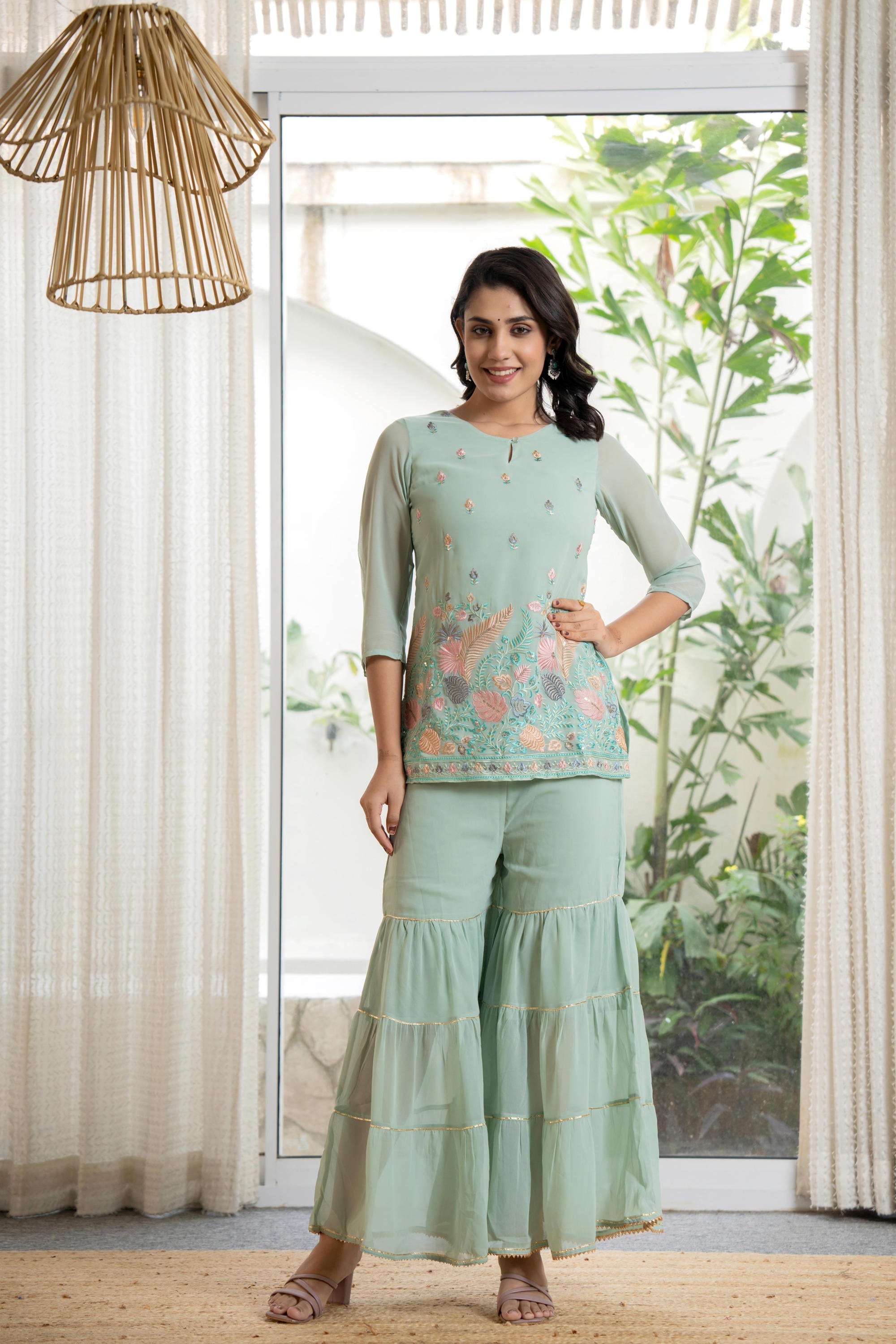 Juniper Women's Green Thread Embroidered Georgette Tunic Sharara & Dupatta Set With Sequins & Lace - Distacart