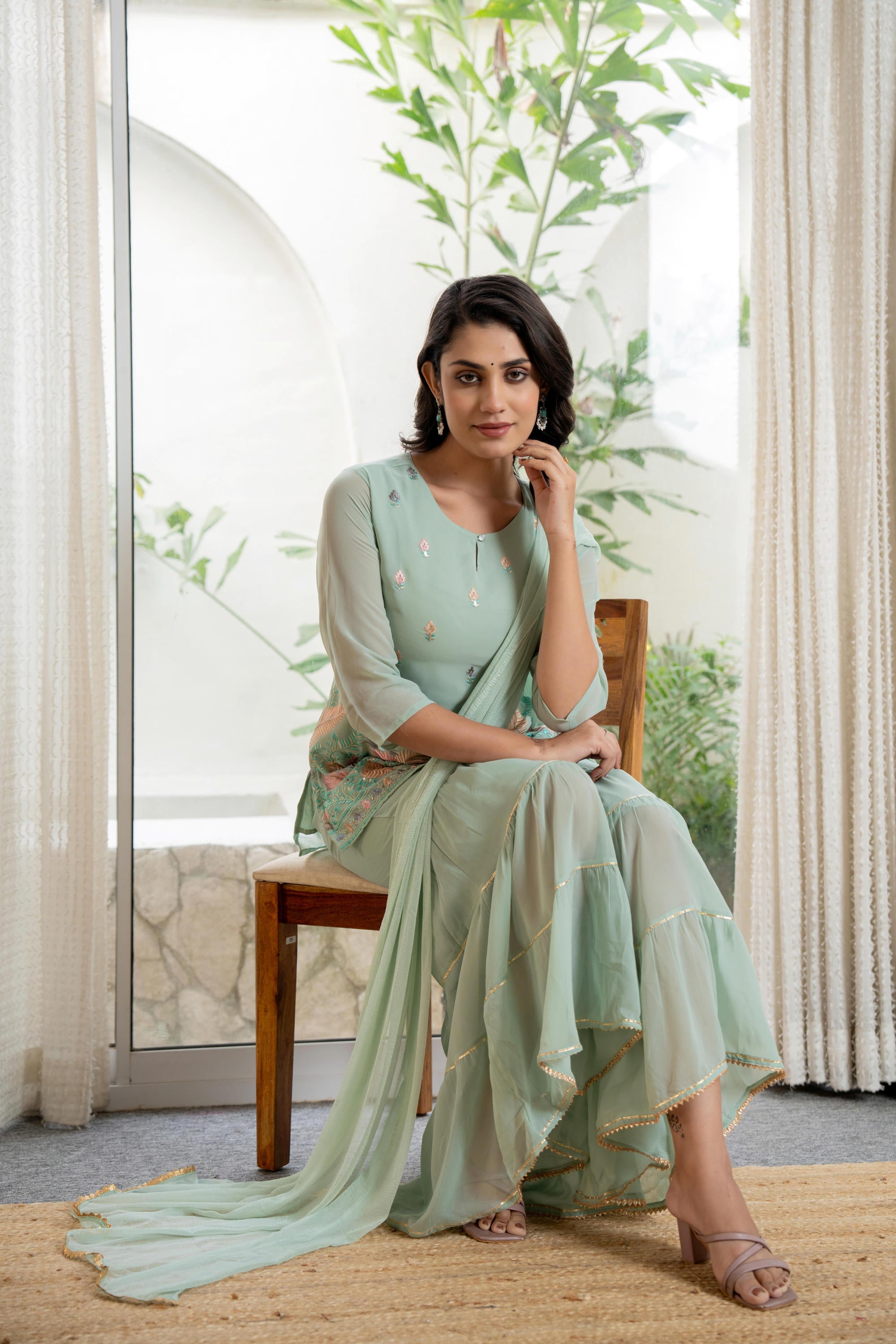 Juniper Women's Green Thread Embroidered Georgette Tunic Sharara & Dupatta Set With Sequins & Lace - Distacart