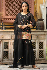 Thumbnail for Juniper Women's Black Soild Georgette Tunic Sharara & Dupatta With With Thread & Mirror Work - Distacart