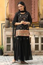 Thumbnail for Juniper Women's Black Soild Georgette Tunic Sharara & Dupatta With With Thread & Mirror Work - Distacart