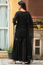 Thumbnail for Juniper Women's Black Soild Georgette Tunic Sharara & Dupatta With With Thread & Mirror Work - Distacart