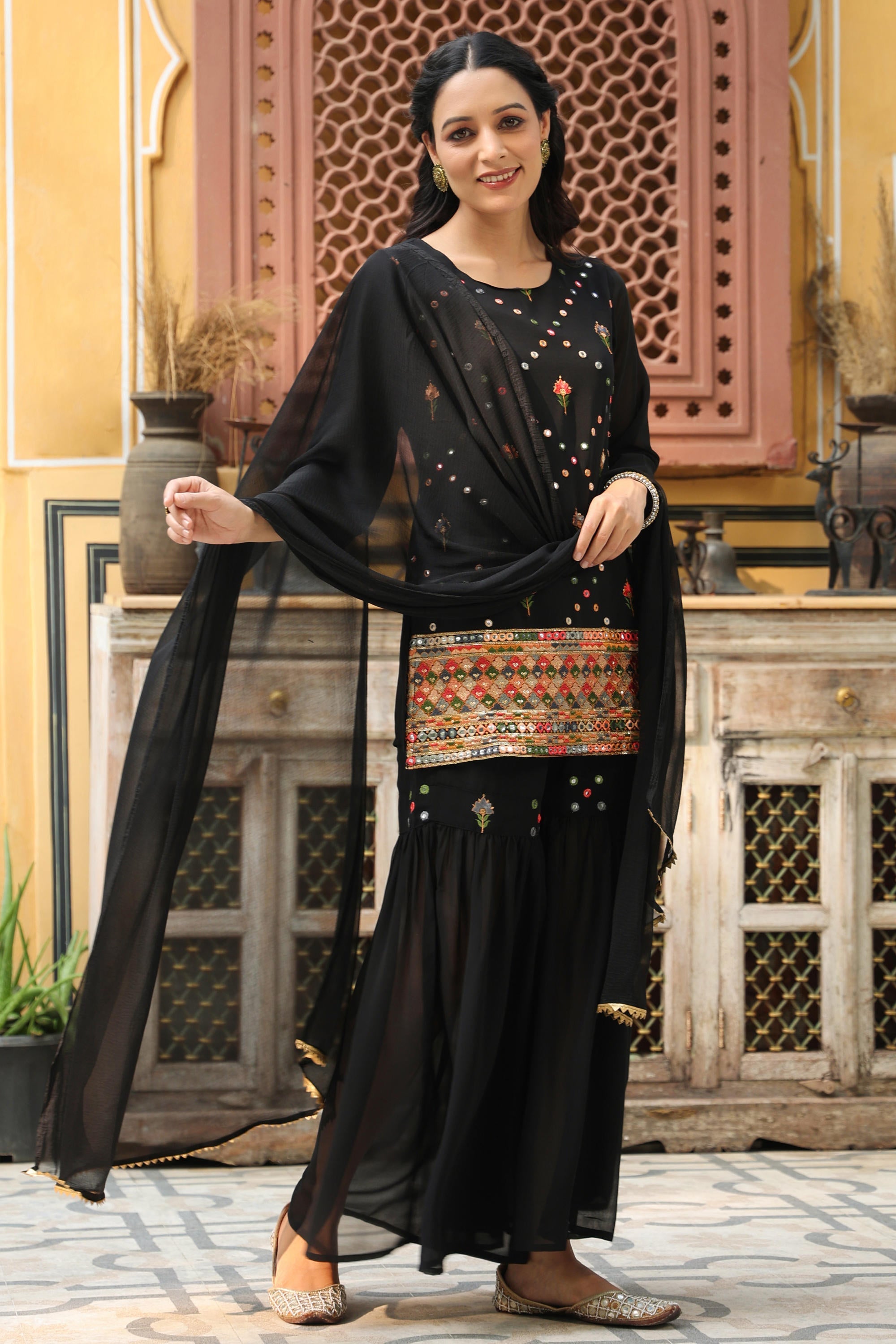 Juniper Women's Black Soild Georgette Tunic Sharara & Dupatta With With Thread & Mirror Work - Distacart