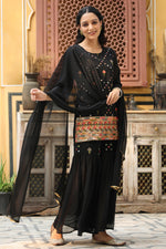 Thumbnail for Juniper Women's Black Soild Georgette Tunic Sharara & Dupatta With With Thread & Mirror Work - Distacart