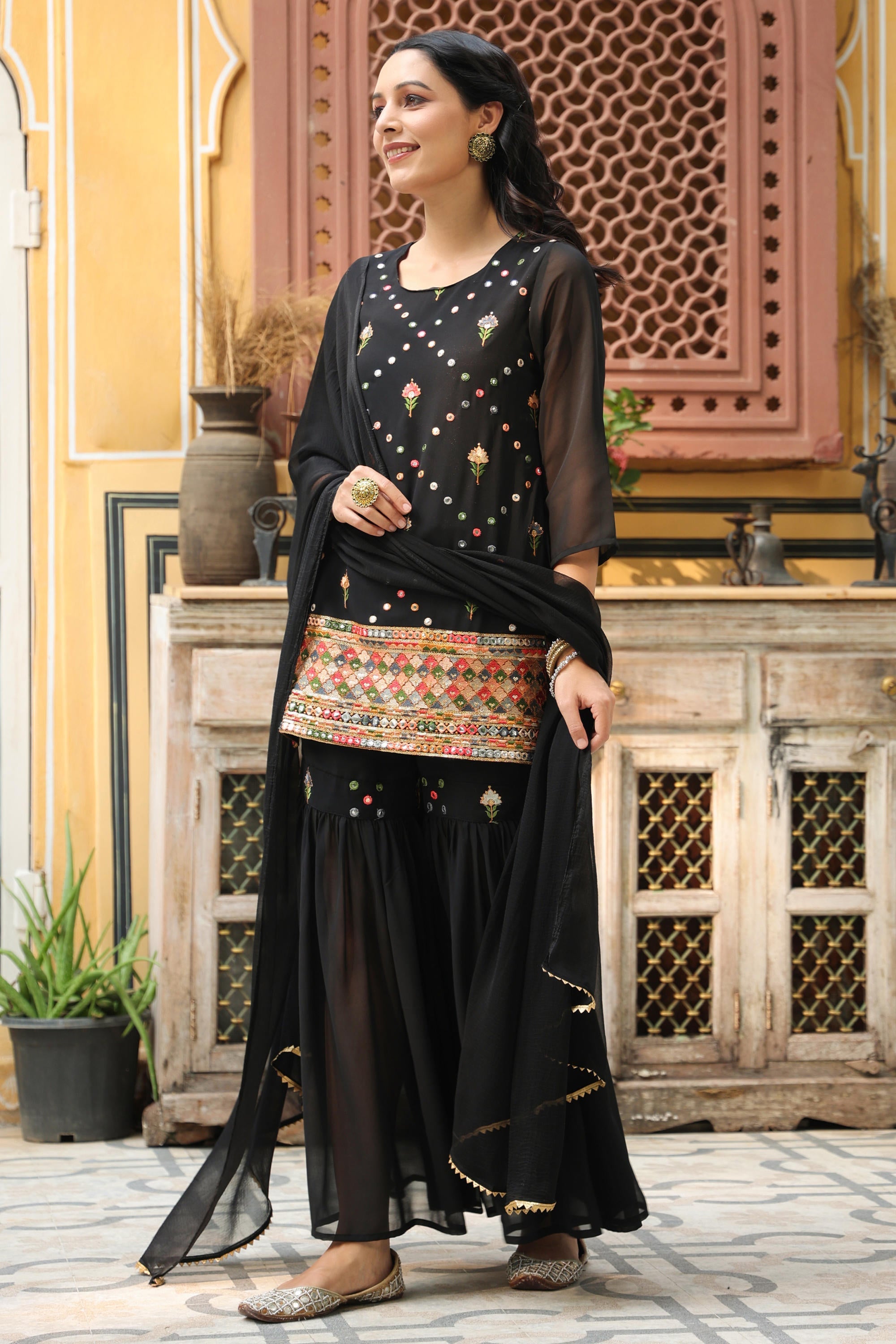 Juniper Women's Black Soild Georgette Tunic Sharara & Dupatta With With Thread & Mirror Work - Distacart