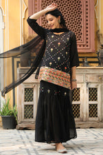 Thumbnail for Juniper Women's Black Soild Georgette Tunic Sharara & Dupatta With With Thread & Mirror Work - Distacart