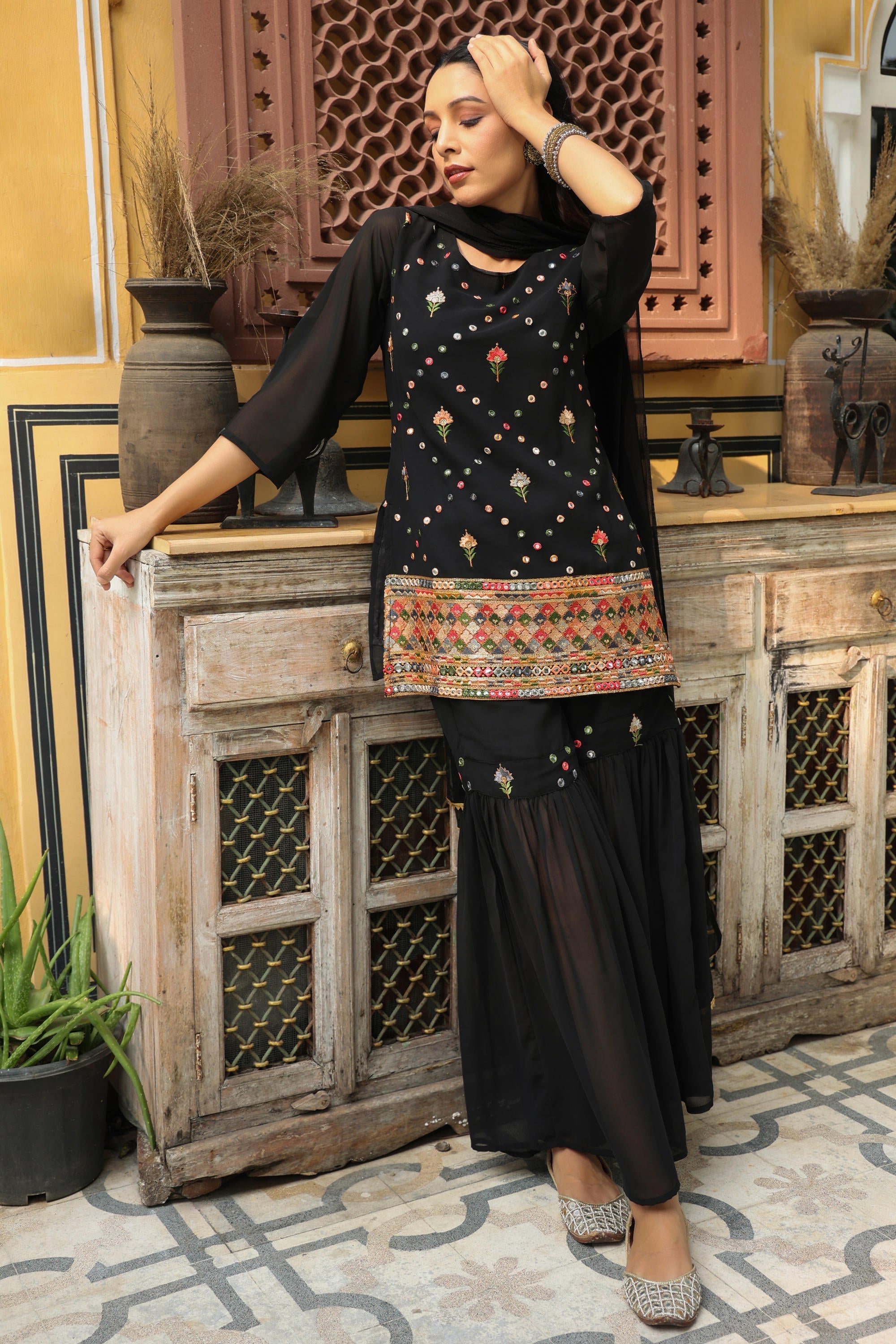Juniper Women's Black Soild Georgette Tunic Sharara & Dupatta With With Thread & Mirror Work - Distacart
