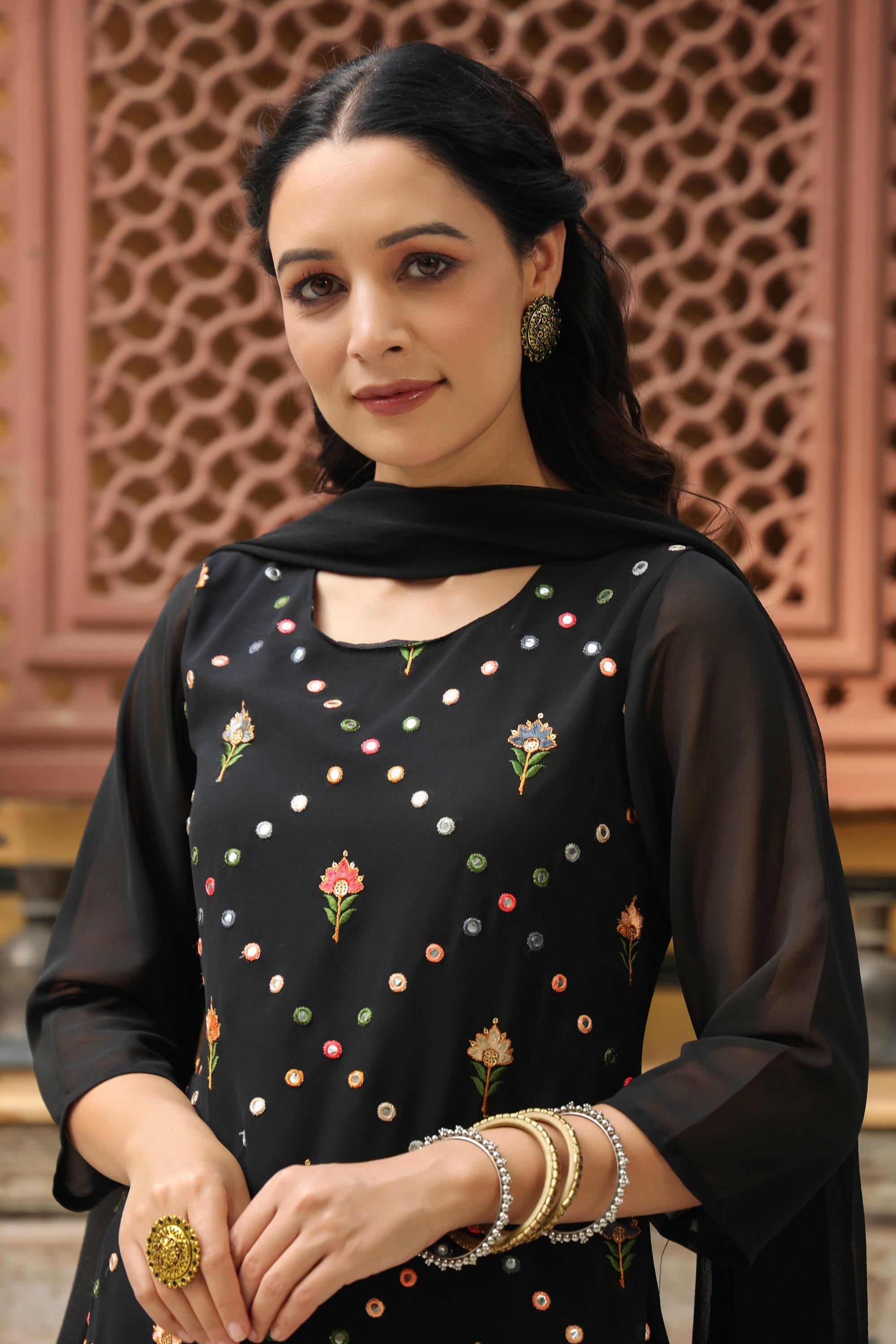 Juniper Women's Black Soild Georgette Tunic Sharara & Dupatta With With Thread & Mirror Work - Distacart