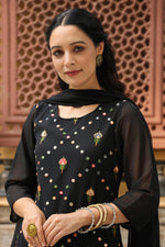 Thumbnail for Juniper Women's Black Soild Georgette Tunic Sharara & Dupatta With With Thread & Mirror Work - Distacart