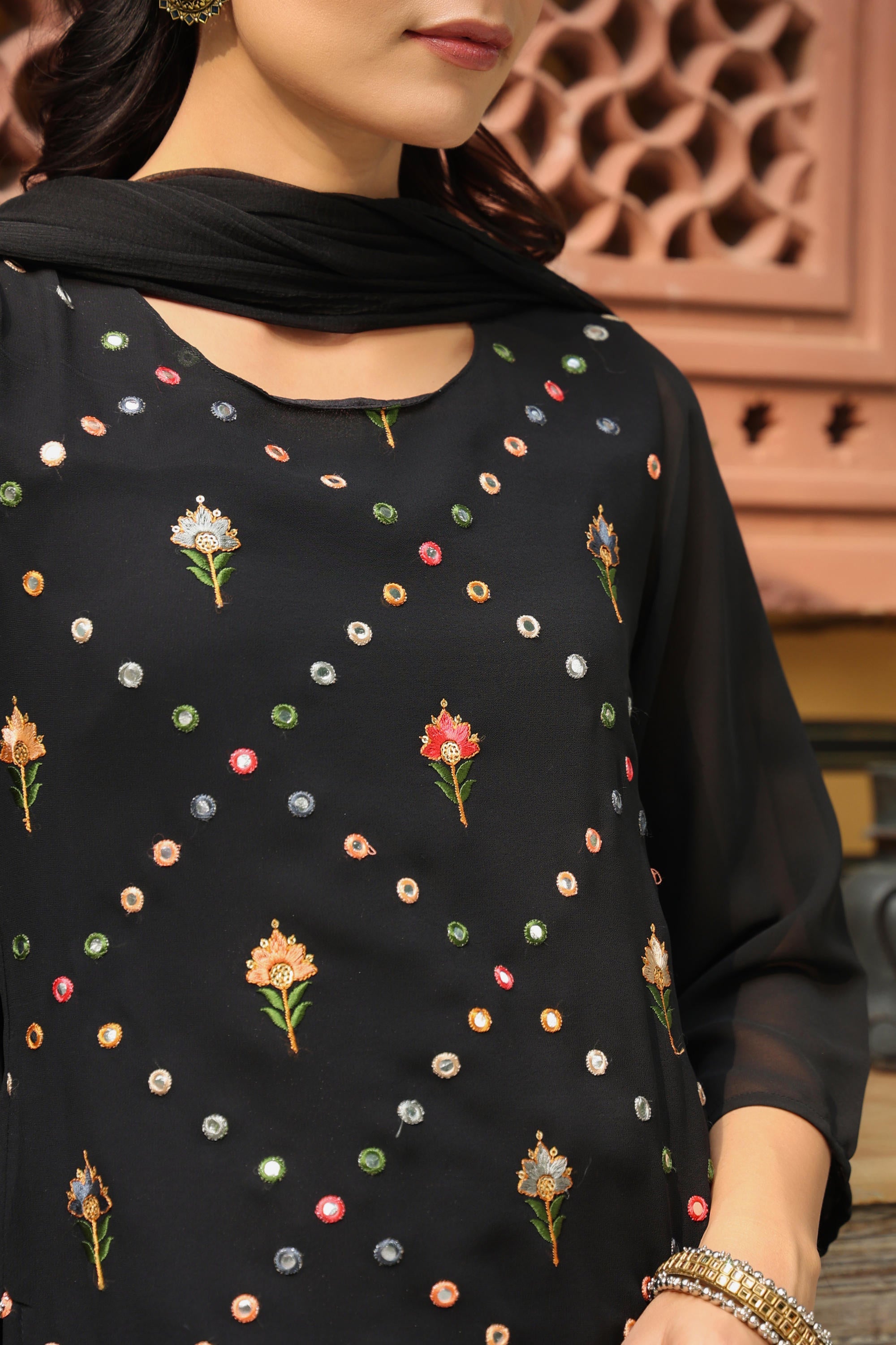 Juniper Women's Black Soild Georgette Tunic Sharara & Dupatta With With Thread & Mirror Work - Distacart