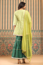 Thumbnail for Juniper Green Geometric Printed Shantoon Slub Kurta Sharara & Dupatta Set With Lace Work - Distacart