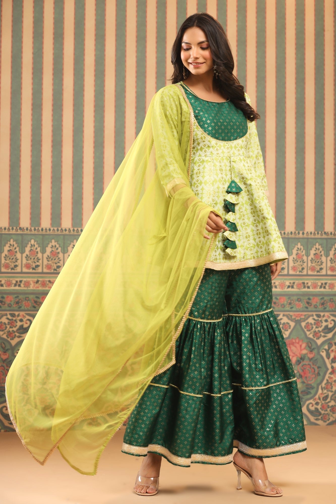 Juniper Green Geometric Printed Shantoon Slub Kurta Sharara & Dupatta Set With Lace Work - Distacart