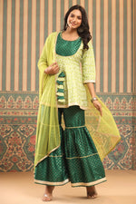 Thumbnail for Juniper Green Geometric Printed Shantoon Slub Kurta Sharara & Dupatta Set With Lace Work - Distacart