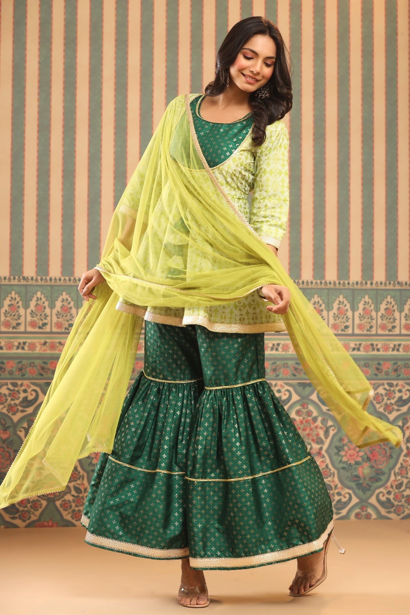 Juniper Green Geometric Printed Shantoon Slub Kurta Sharara & Dupatta Set With Lace Work - Distacart