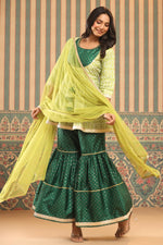 Thumbnail for Juniper Green Geometric Printed Shantoon Slub Kurta Sharara & Dupatta Set With Lace Work - Distacart