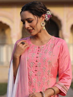 Thumbnail for Juniper Women's Pink Solid Viscose Kurta Pant & Dupatta With Mirror Work & Gota Patti - Distacart