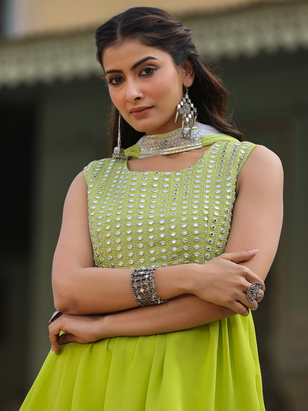 Juniper Women's Green Solid Georgette Kurta Pant & Dupatta Set With Mirror & Thread Work - Distacart