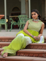 Thumbnail for Juniper Women's Green Solid Georgette Kurta Pant & Dupatta Set With Mirror & Thread Work - Distacart