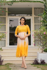 Thumbnail for Juniper Women's Yellow Printed Georgette Dress With Doris At Waist & Sequins - Distacart