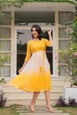 Thumbnail for Juniper Women's Yellow Printed Georgette Dress With Doris At Waist & Sequins - Distacart