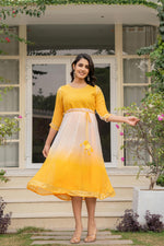 Thumbnail for Juniper Women's Yellow Printed Georgette Dress With Doris At Waist & Sequins - Distacart