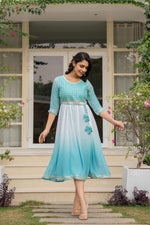 Thumbnail for Juniper Women's Teal Solid Georgette Dress With Doris At Waist & Mirror Work - Distacart
