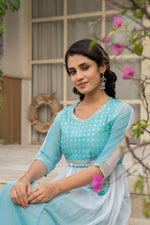 Thumbnail for Juniper Women's Teal Solid Georgette Dress With Doris At Waist & Mirror Work - Distacart