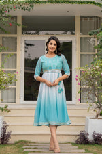 Thumbnail for Juniper Women's Teal Solid Georgette Dress With Doris At Waist & Mirror Work - Distacart