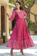 Thumbnail for Juniper Women's Fuchsia Ethnic Motif Printed Viscose Dress With Doris & Sequins - Distacart