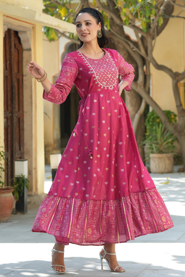 Juniper Women's Fuchsia Ethnic Motif Printed Viscose Dress With Doris & Sequins - Distacart