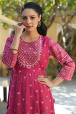 Thumbnail for Juniper Women's Fuchsia Ethnic Motif Printed Viscose Dress With Doris & Sequins - Distacart