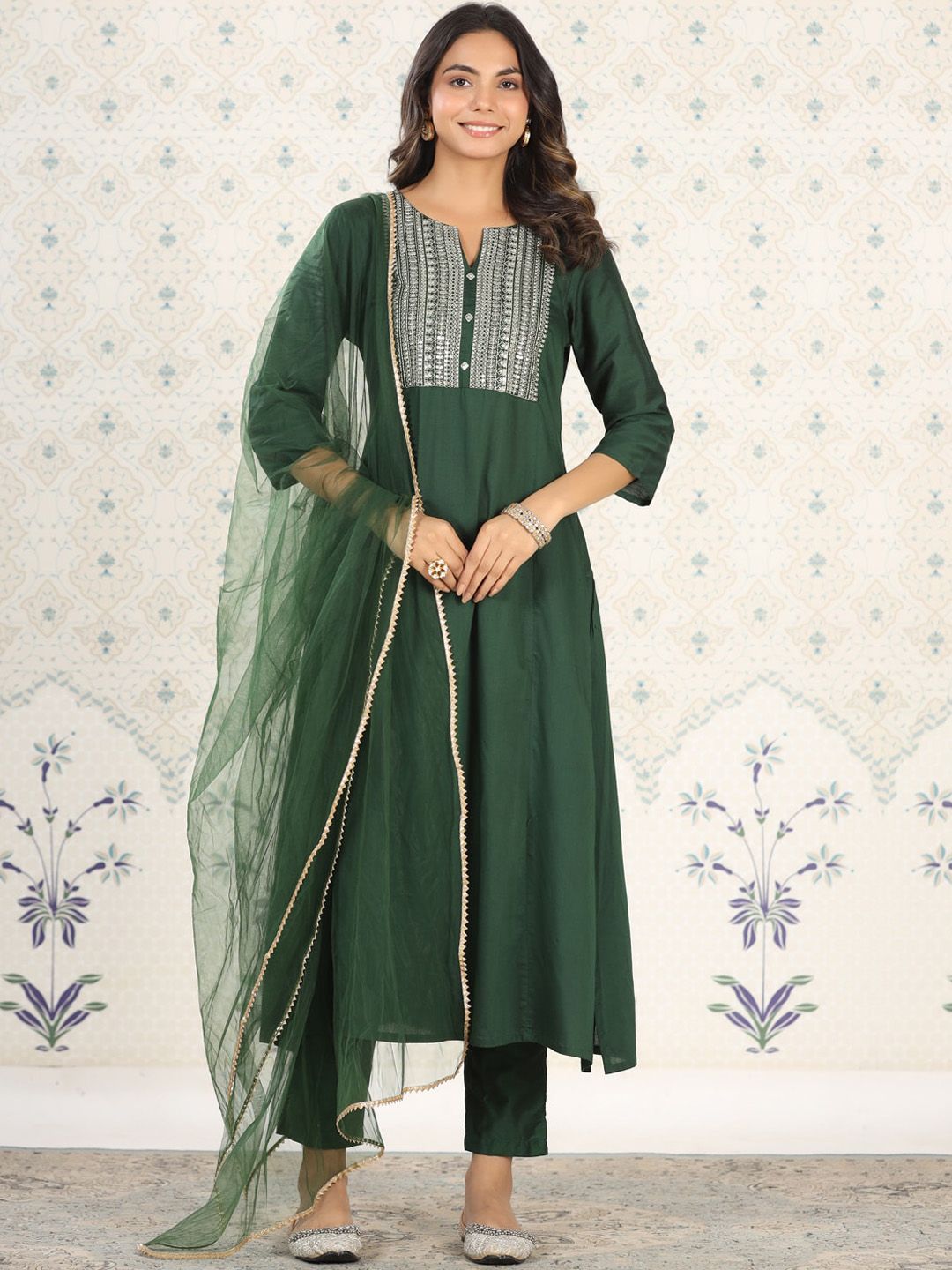 Ode by House of Pataudi Embroidered Gota Patti Straight Kurta With Trousers & Dupatta - Distacart