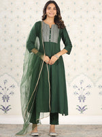 Thumbnail for Ode by House of Pataudi Embroidered Gota Patti Straight Kurta With Trousers & Dupatta - Distacart