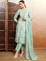 Thumbnail for Vishudh Green Printed Gotta Patti Pure Cotton Straight Kurta With Trousers & Dupatta - Distacart