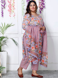 Thumbnail for Swasti Plus Size Floral Printed Sequinned Pure Cotton Kurta With Trouser & Dupatta