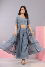 Thumbnail for Juniper Women's Grey Thread Embroidered Georgette Dress & Palazzo Set With Sequins & Lace - Distacart