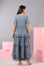Thumbnail for Juniper Women's Grey Thread Embroidered Georgette Dress & Palazzo Set With Sequins & Lace - Distacart