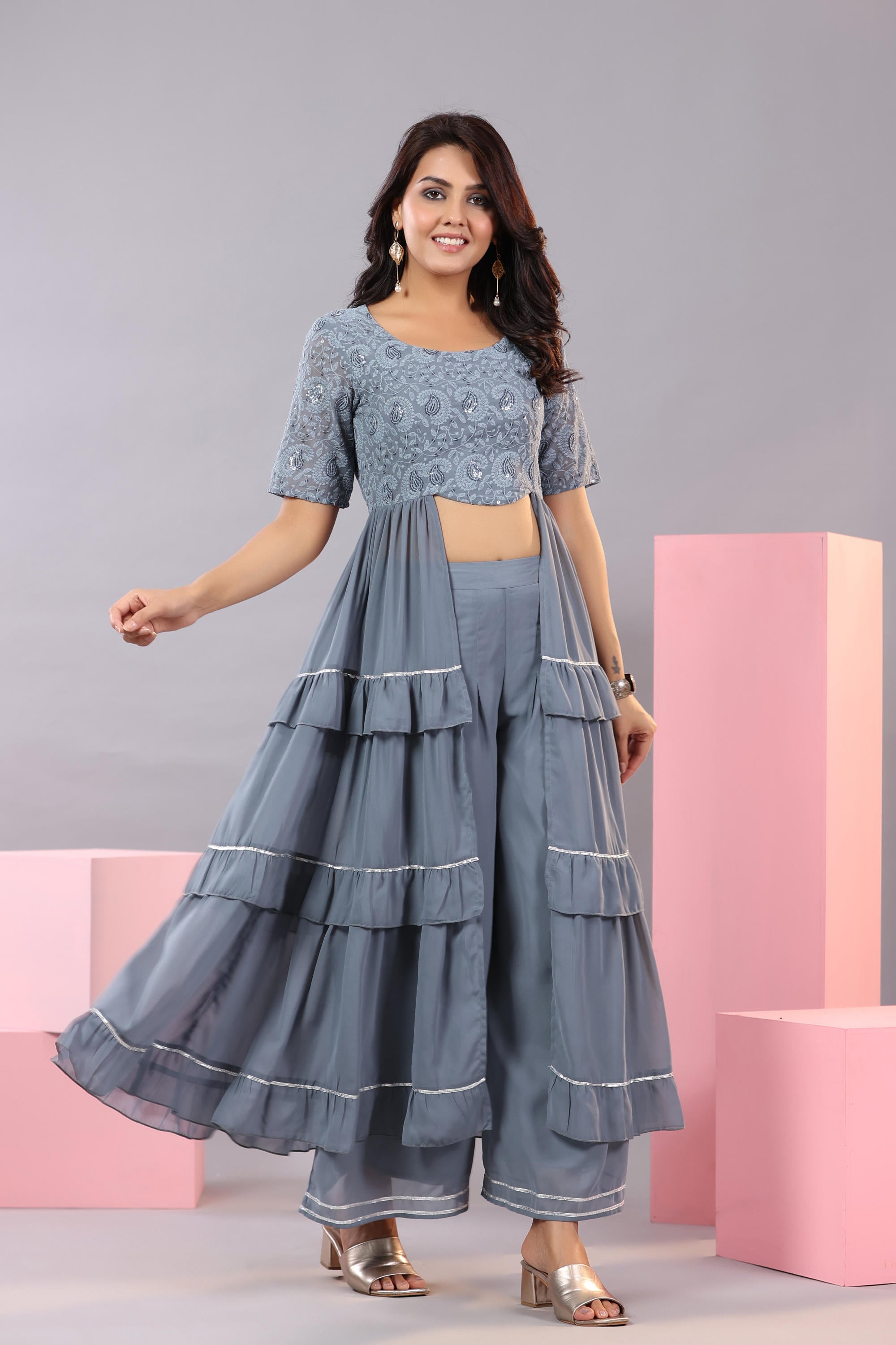 Juniper Women's Grey Thread Embroidered Georgette Dress & Palazzo Set With Sequins & Lace - Distacart